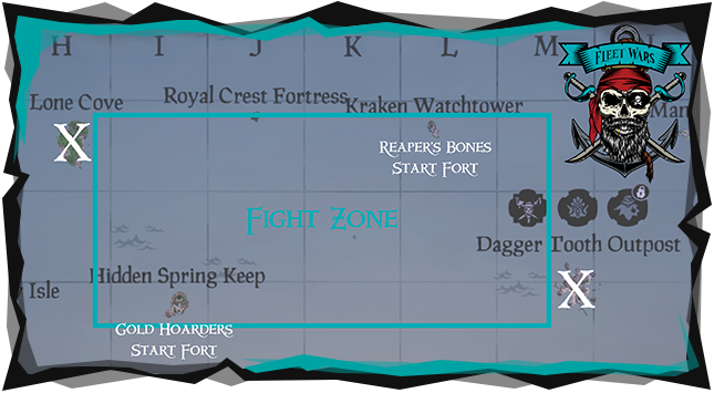 Map with annotations of the Fleet Wars battle zone